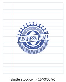 Business Plan emblem with pen effect. Blue ink. Vector Illustration. Detailed.