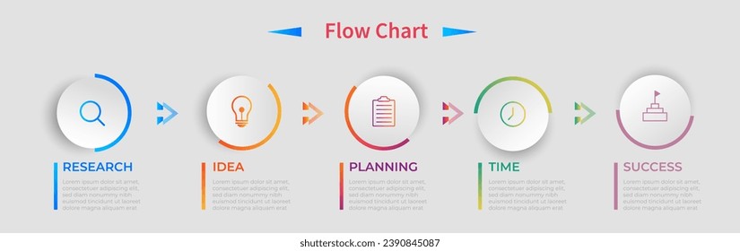 Business plan five-option diagram with round labels and icon. Business ui data visualization. Used for scheme presentation or workflow. vector