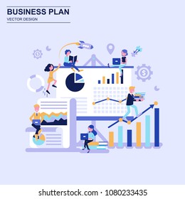 Business plan flat design concept blue style with decorated small people character. Conceptual vector illustration for web design, marketing, graphic design.