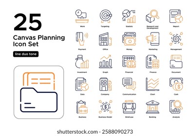 Business Plan Framework. Key Activities, Resources, and Market Strategy. Vector Illustration. Oultine duo tone icon set