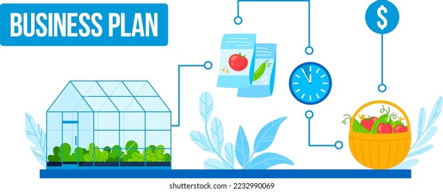 Business plan for garden agriculture in greenhouse, vector illustration. Green ecology with growing vegetable. Organic farming plantation business