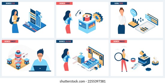 Business plan and global trends, expert business decision making set vector illustration. Cartoon tiny people analyze financial data for planning solutions, work with virtual systems and algorithms