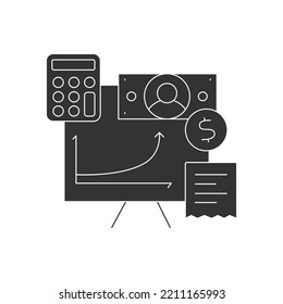  Business Plan Glyph Icon. Presentation And Graph Of Business Development. Budget Planning.Financial Literacy Concept.Filled Flat Sign. Isolated Silhouette Vector Illustration