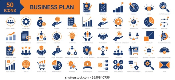 Geschäftsplan-Symbolsammlung. Enthaltend Planung, Strategie, Vision, Mission, Ziele, Branding, Vertrieb, Kundensegmentierung, Business Expansion, Innovation, Wachstum Symbol. Einfache flache Vektorgrafik