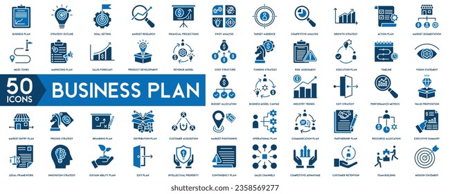 Business Plan icon set. Banner plan concept. Containing planning, schedule, strategy, analysis, tasks, goal. Action plan banner web icon vector