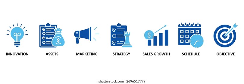 Conjunto de iconos de Plan empresarial En estilo azul, Ilustración vectorial para innovación, activos, marketing, estrategia, crecimiento de ventas, horario y objetivo