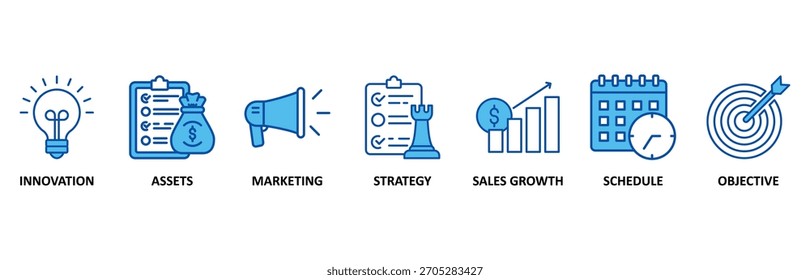 Business plan icon set In Blue Style, Vector Illustration for innovation, assets, marketing, strategy, sales growth, schedule, and objective