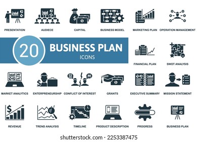 Business Plan icon set. Monochrome simple Business Plan icon collection. Presentation, Audiece, Capital, Business Model, Marketing Plan, Trend Analysis, Timeline, Product Description, Progress