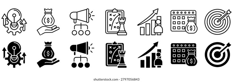 Business plan icon set. schedule and objective symbol. Vector illustration.