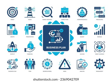 Business Plan icon set. Target, Competitors, Management, Market Research, Risks, Analysis, Procedures, Revenue. Duotone color solid icons