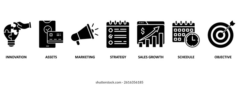 Business plan icon set vector illustration concept with icon of innovation, assets, marketing, strategy, sales growth, schedule, and objective