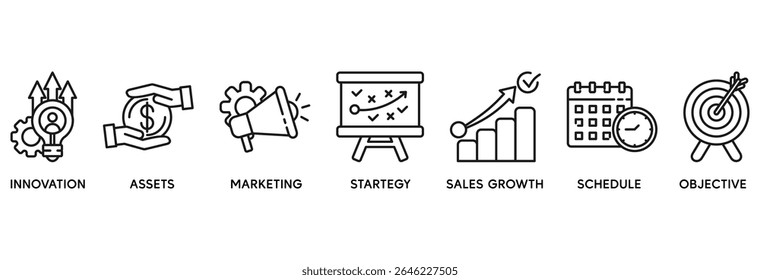 Business plan icon set vector illustration concept relate to innovation, assets, marketing, strategy, sales growth, schedule, and objective