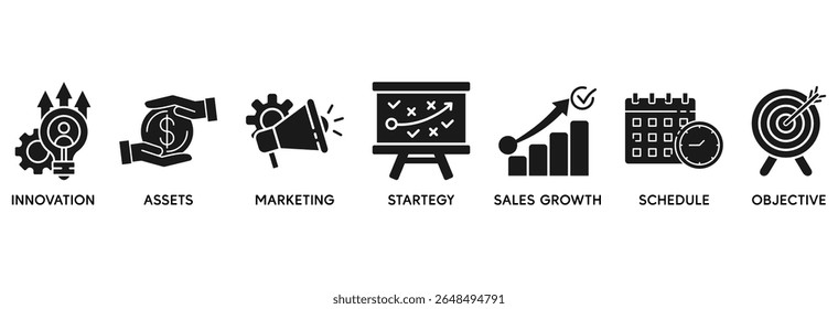 Unternehmensplan-Icon-Set, Vektorgrafik-Konzept beziehen sich auf Innovation, Ressourcen, Marketing, Strategie, Umsatzwachstum, Zeitplan und Ziel