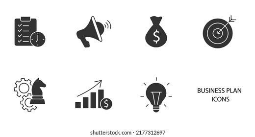 Paket-Icons für Geschäftspläne setzen.  Paket mit Geschäftsplänen, Vektorelemente für Infografiken
