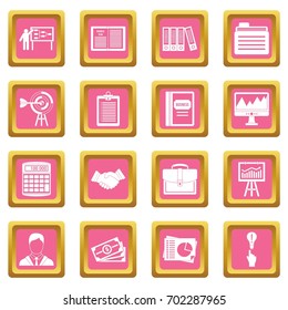 Business plan icons set in pink color isolated vector illustration for web and any design
