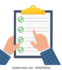 Business plan illustration. Hands hold clipboard with claim form on it, paper sheets, check, check list. Vector illustration in flat style. Eps 10