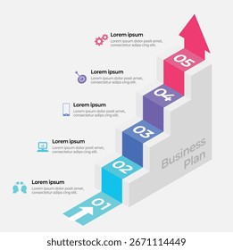Business plan infographic template with 3D staircase design. Five step workflow diagram with arrow upward, colorful gradient steps, and icons. Modern vector illustration for presentation, planning, st