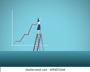 Business plan or investment vector concept. Businesswoman drawing increasing graph. Symbol of successful investment, profit, finance, growth, strategy. Eps10 vector illustration.