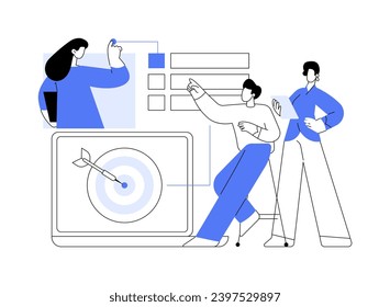 Business plan isolated cartoon vector illustrations. Group of young people discussing new business plan idea with laptop in office, entrepreneurship management, startup strategy vector cartoon.