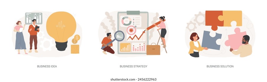 Business plan isolated concept vector illustration set. Business idea, strategy and solution, company achievement, problem solving, decision making, effective performance, roadmap vector concept.