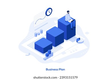 Business plan isometric concept vector illustration. Strategic business planning, creating financial plan, startup development, corporate marketing strategy, entrepreneur abstract metaphor.