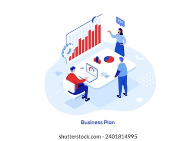 Business plan isometric concept vector illustration. Strategic business planning, creating financial plan, startup development, corporate marketing strategy, entrepreneur abstract metaphor.