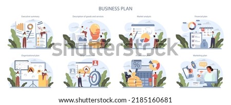 Business plan layout set. Business strategy structure. Organizational and financial planning, production and marketing. Flat vector illustration
