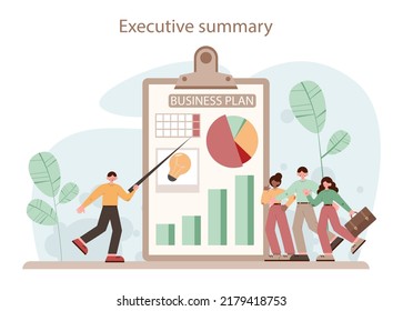 Diseño del plan de negocio. Estructura de la estrategia empresarial. Resumen ejecutivo. Planificación organizativa y financiera, producción y comercialización. Ilustración vectorial plana