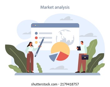 Diseño del plan de negocio. Estructura de la estrategia empresarial. Análisis de mercado. Planificación organizativa y financiera, producción y comercialización. Ilustración vectorial plana