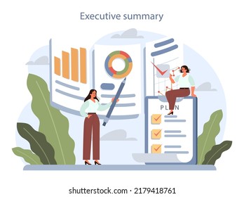 Business plan layout. Business strategy structure. Executive summary. Organizational and financial planning, production and marketing. Flat vector illustration