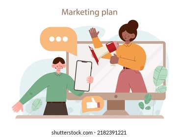 Business plan layout. Business strategy structure. Organizational and financial planning, production and marketing. Flat vector illustration