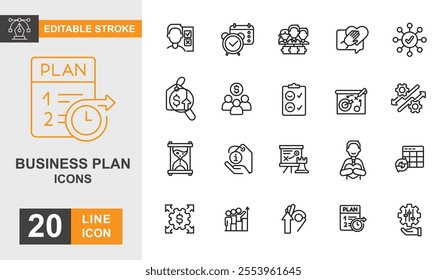 Business plan line editable icon set. Strategy, planning, idea, analysis, data, diagram and more line icons.
