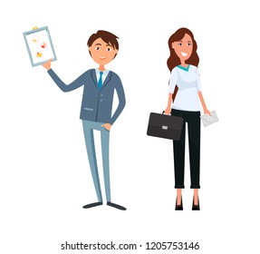 Business plan of man and woman, workers teamwork vector. Chief executive with businesswoman planning company steps. Partner of boss, lady companion