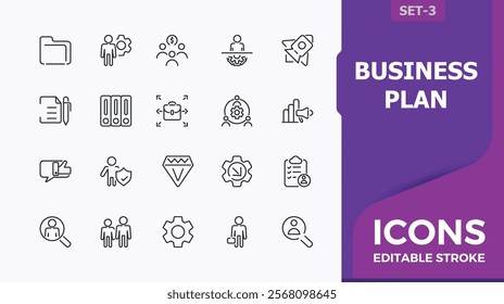 Business plan minimal icon set. Includes thin line teamwork, care, currency, infograph, bank, manage, web and more. Editable stroke. Vector illustration.