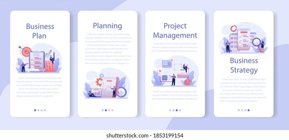 Business plan mobile application banner set. Idea of business strategy. Setting a goal or target and following schedule. Financial research, analysis and organization. Isolated vector illustration
