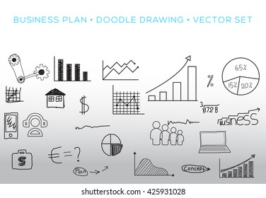 Business plan and mobile technologies, conceptual doodle drawing design elements set. Abstract illustration. Well organized composition.