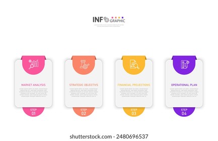 Elementos de diseño de Plantilla de infografía moderna de Plan de negocios con iconos de marketing Idea de negocios con 4 opciones, pasos, partes.