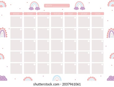 Business plan for month. Universal calendar for notes. To-do list. Schedule for each day. Sheet in A4 format