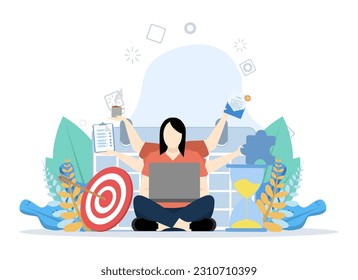 Business plan, too much work or tasks. too much work. Businesswoman working hard with many hands against calendar background. flat vector illustration.