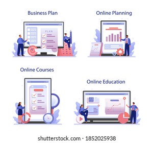 Business plan online service or platform set. Idea of business strategy. Setting goal or target and following schedule. Online education, planning, course, business plan. Isolated vector illustration