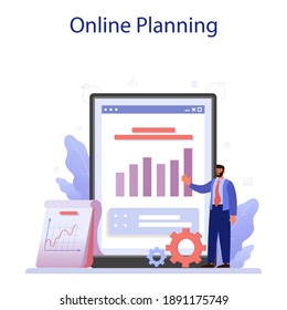 Business plan online service or platform. Idea of business strategy. Setting goal or target and following schedule. Online planning. Isolated vector illustration