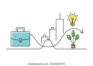 Business plan outline featuring a light bulb and a plant, symbolizing innovative ideas and growth in entrepreneurship isolated doodle line art flat vector illustration on white background