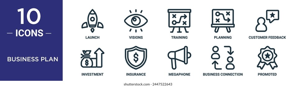 el conjunto de iconos de esquema de Plan de negocios incluye el lanzamiento de la línea delgada, visiones, formación, planificación, Comentarios de Clientes, inversión, iconos de seguros para informes, presentaciones, diagramas, Diseños web