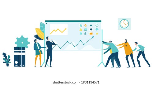 Business plan presentation. Businessman reading infographic, team representing the work. Business concept illustration