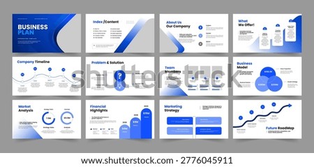 Business Plan Presentation Template, startup Pitch Deck Template, Minimal Business Plan Slides Layout.
