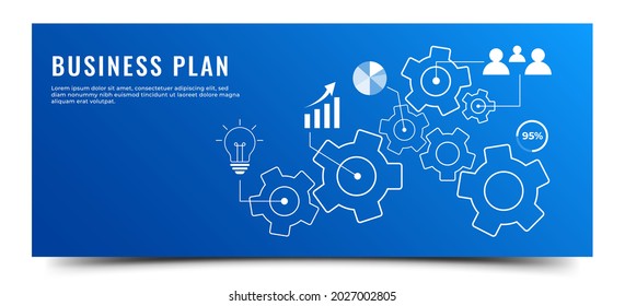 Business Plan Process Banner Design With Gradient Blue Background Color. Icon Of Idea, Growth, Diagram, And Teamwork.