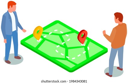 Business plan, project management and strategy, men stand near map with marks. Location, placement of trade points. Businessmen determine geolocation, studying new route. Colleagues discuss map