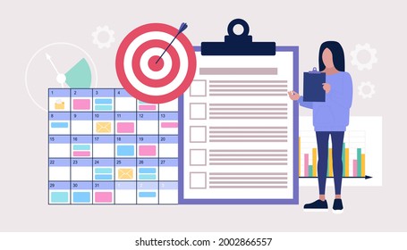 Plan de actividades, estrategia de proyectos, gestión de tareas, plazo y productividad. Organización del flujo de trabajo. Ilustración de vector plana colorida.