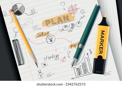 Business plan realistic background with notebook paper sheet with pencil sketches vector illustration