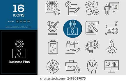 Business Plan set of outline icons related to analysis, infographic, analytics. Editable stroke. Vector illustration. 